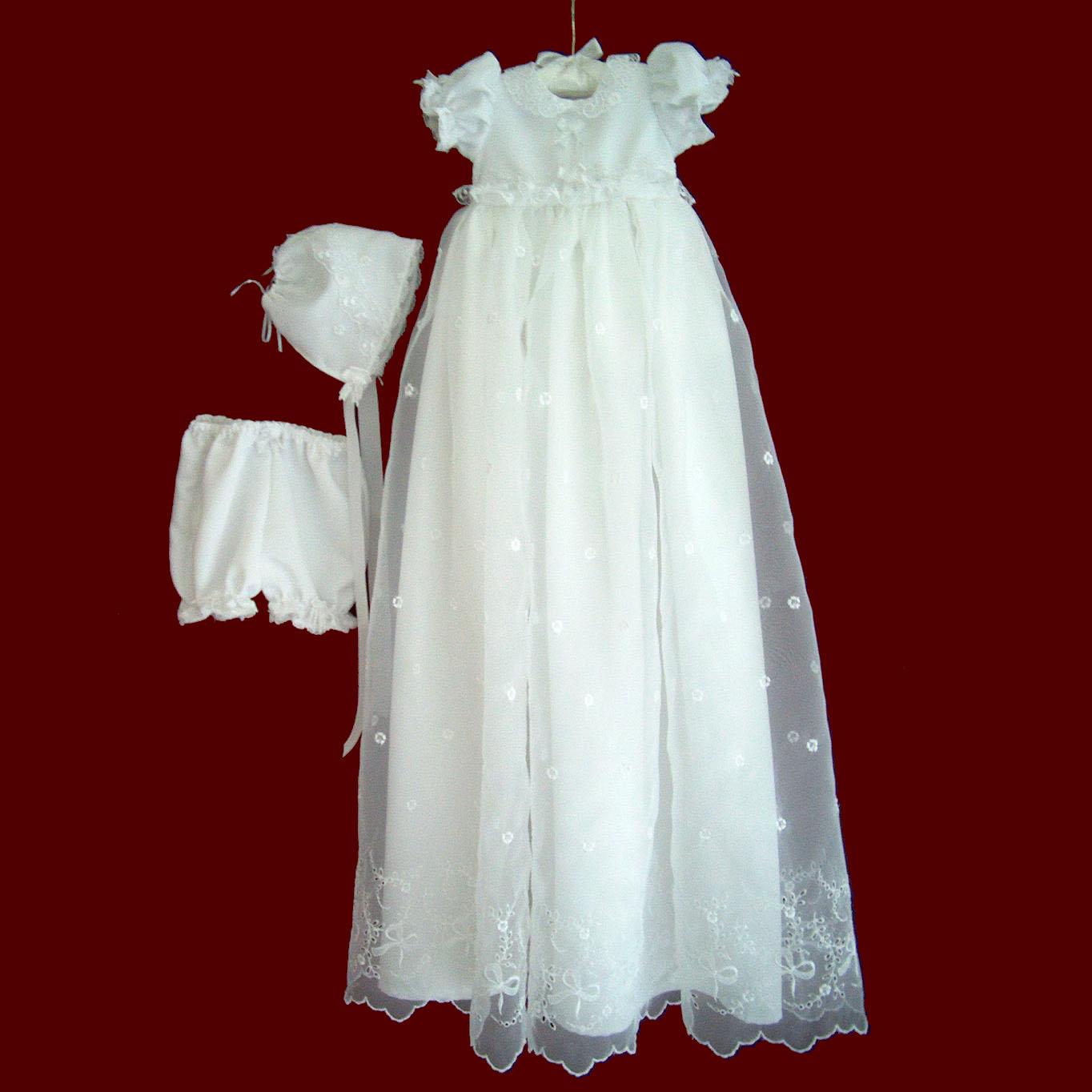 Bow Embroidered Organza & Satin Girls Christening Dress with Detachable Gown & Bonnet