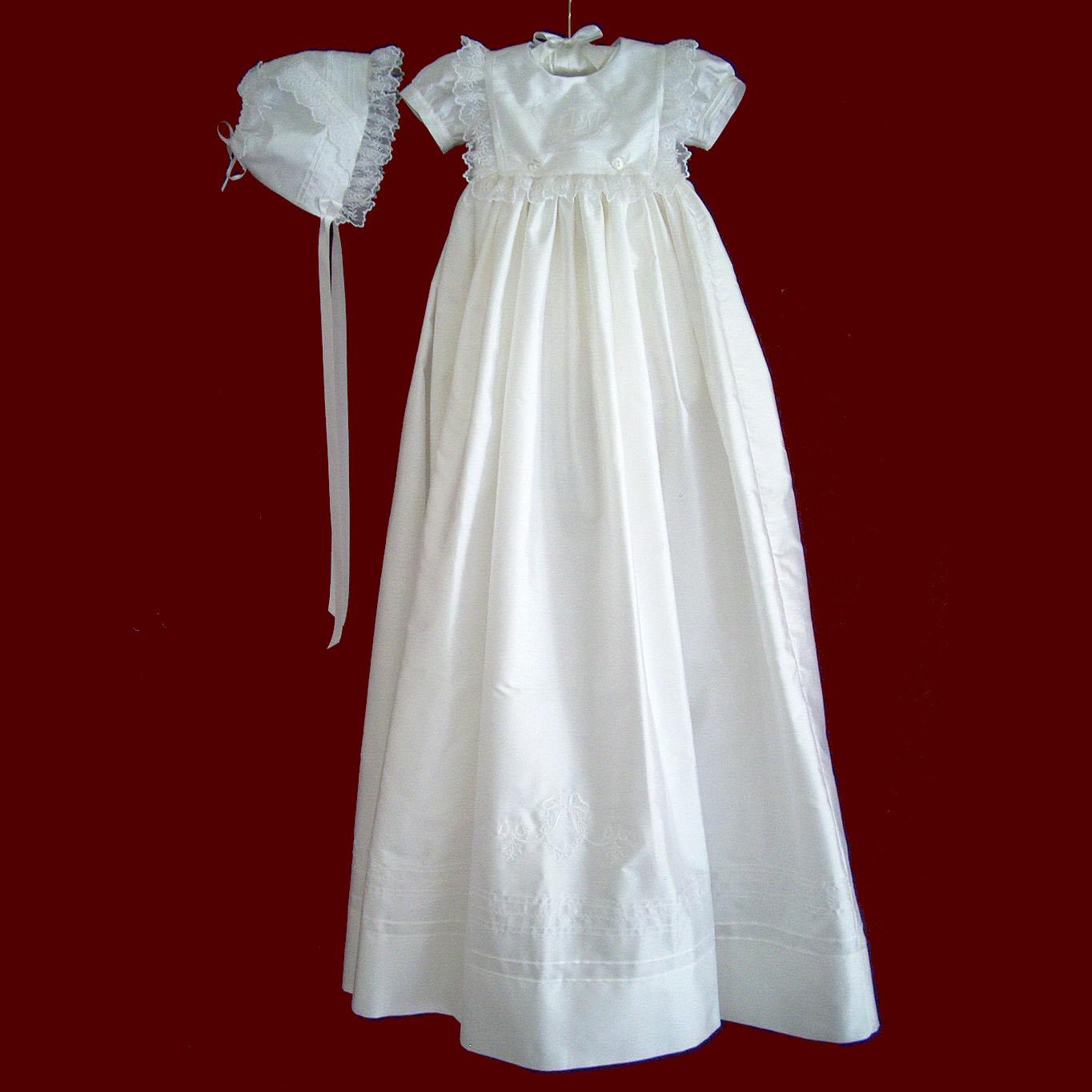 Silk Girls Dress with Panties and Detachable Gown, Monogrammed Bib and Bonnet