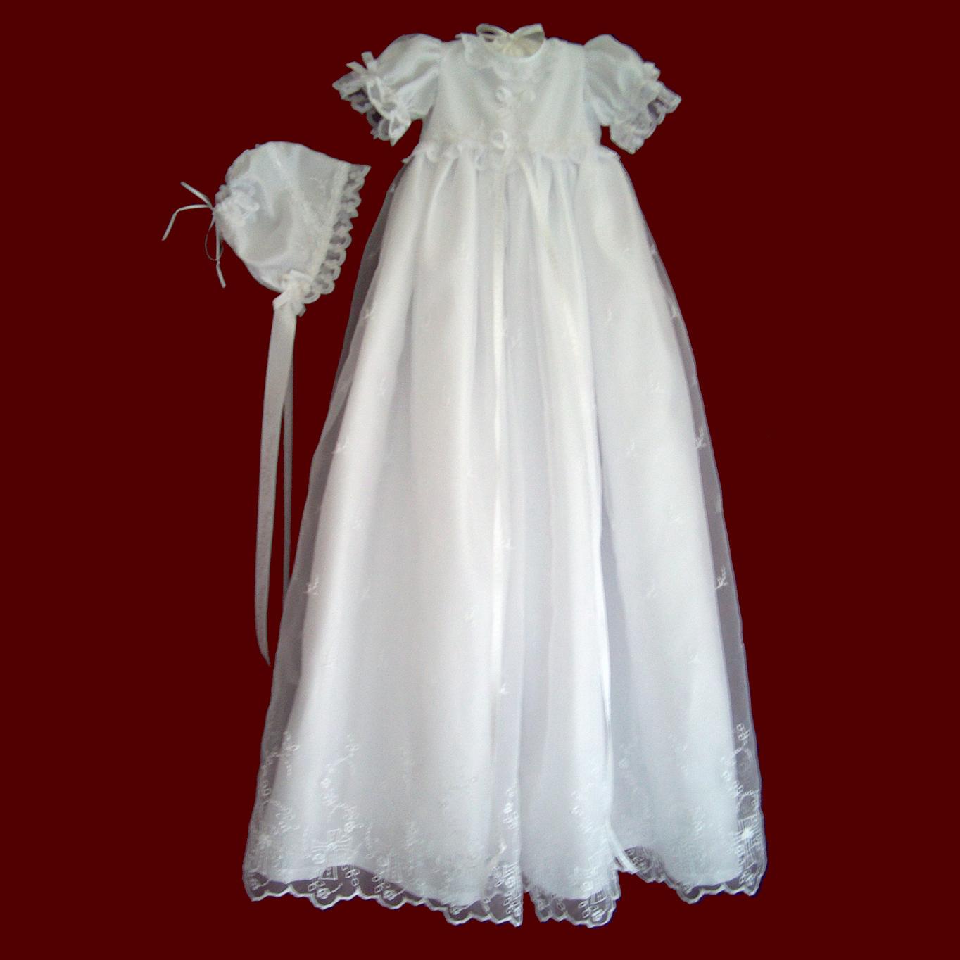 Embroidered Organza With Crosses & Shamrocks Christening Gown & Bonnet