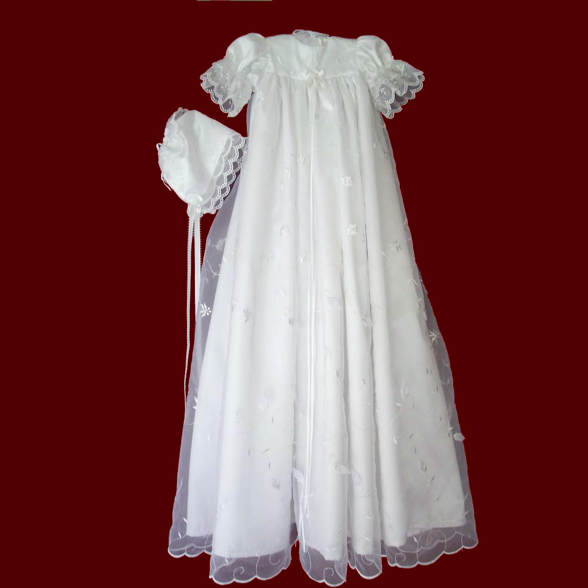 Rosebud Embroidered Organza Gown With Bonnet