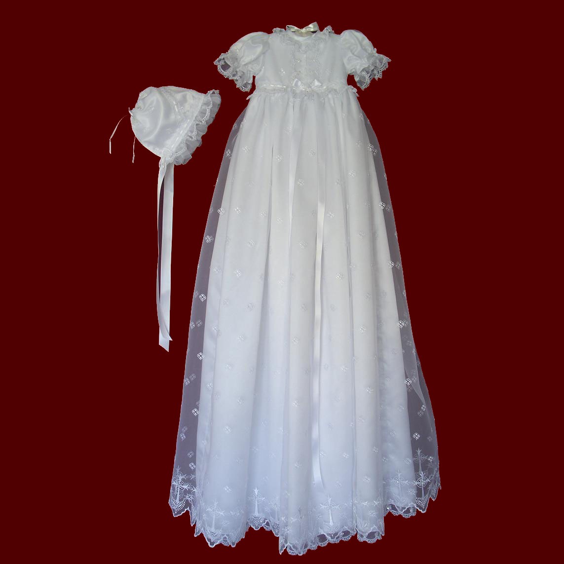 Embroidered Crosses With Beaded Trim Christening Gown