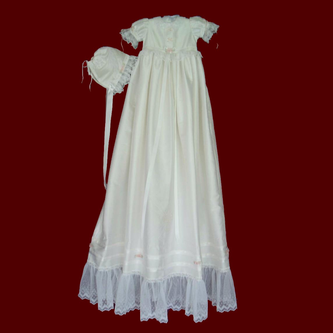 English Netting Lace & Silk Dupione Christening Gown & Bonnet