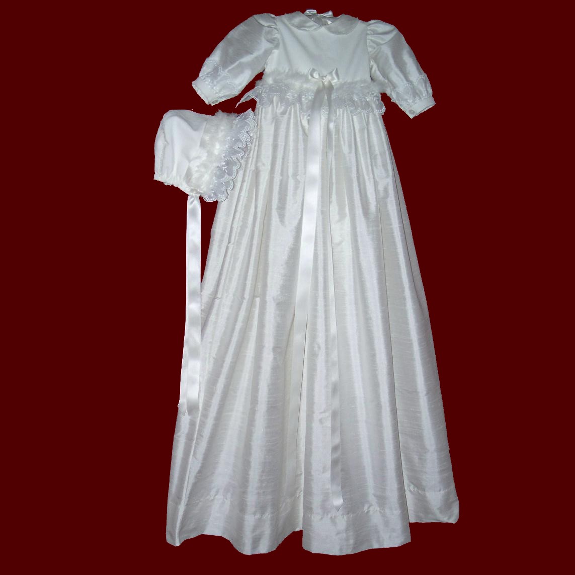 Velveteen & Silk Dupione Christening Gown With Marabou Boa