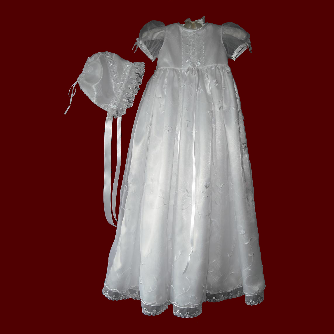 Organza With Flowers Girls Christening Gown & Bonnet