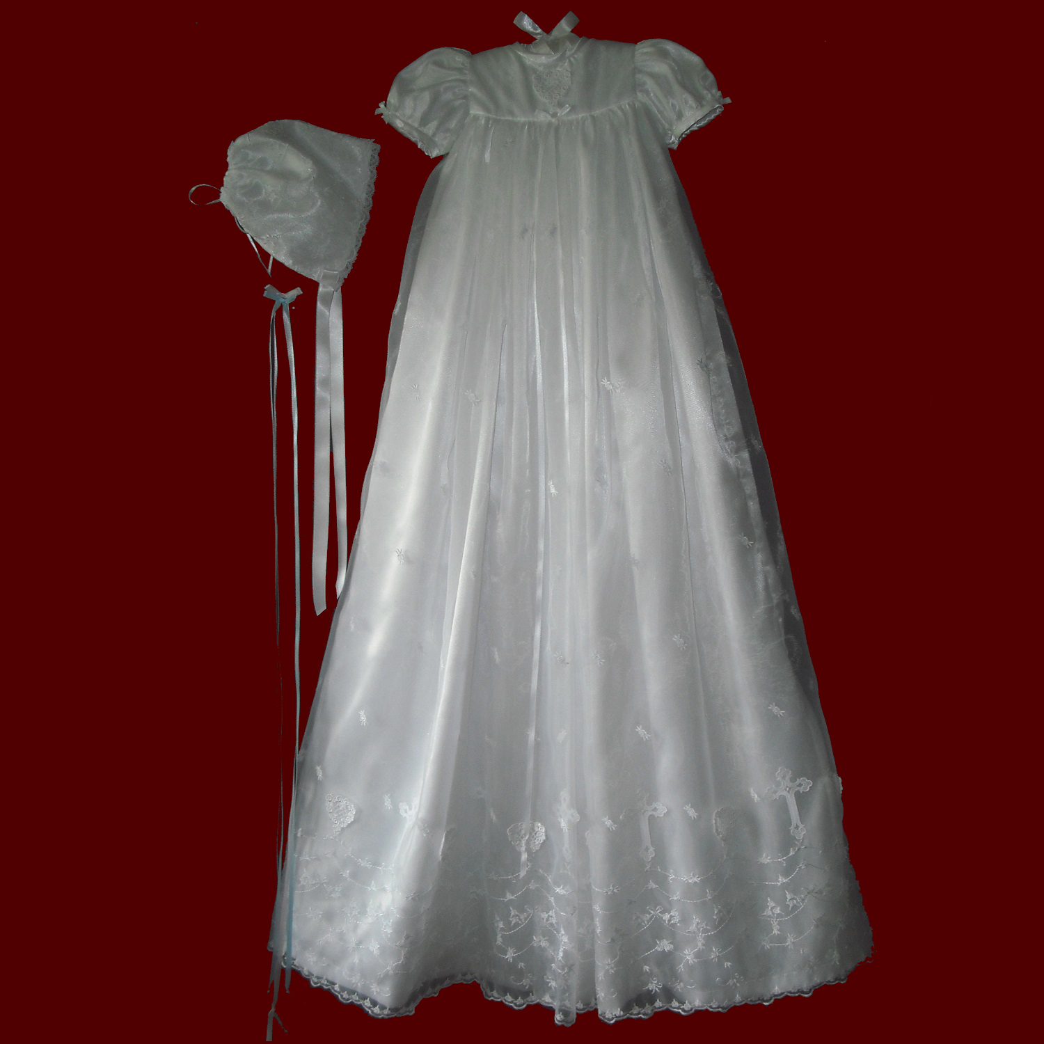 Scalloped Embroidered Organza with Crosses & Heart Christening Gown, Slip & Bonnet