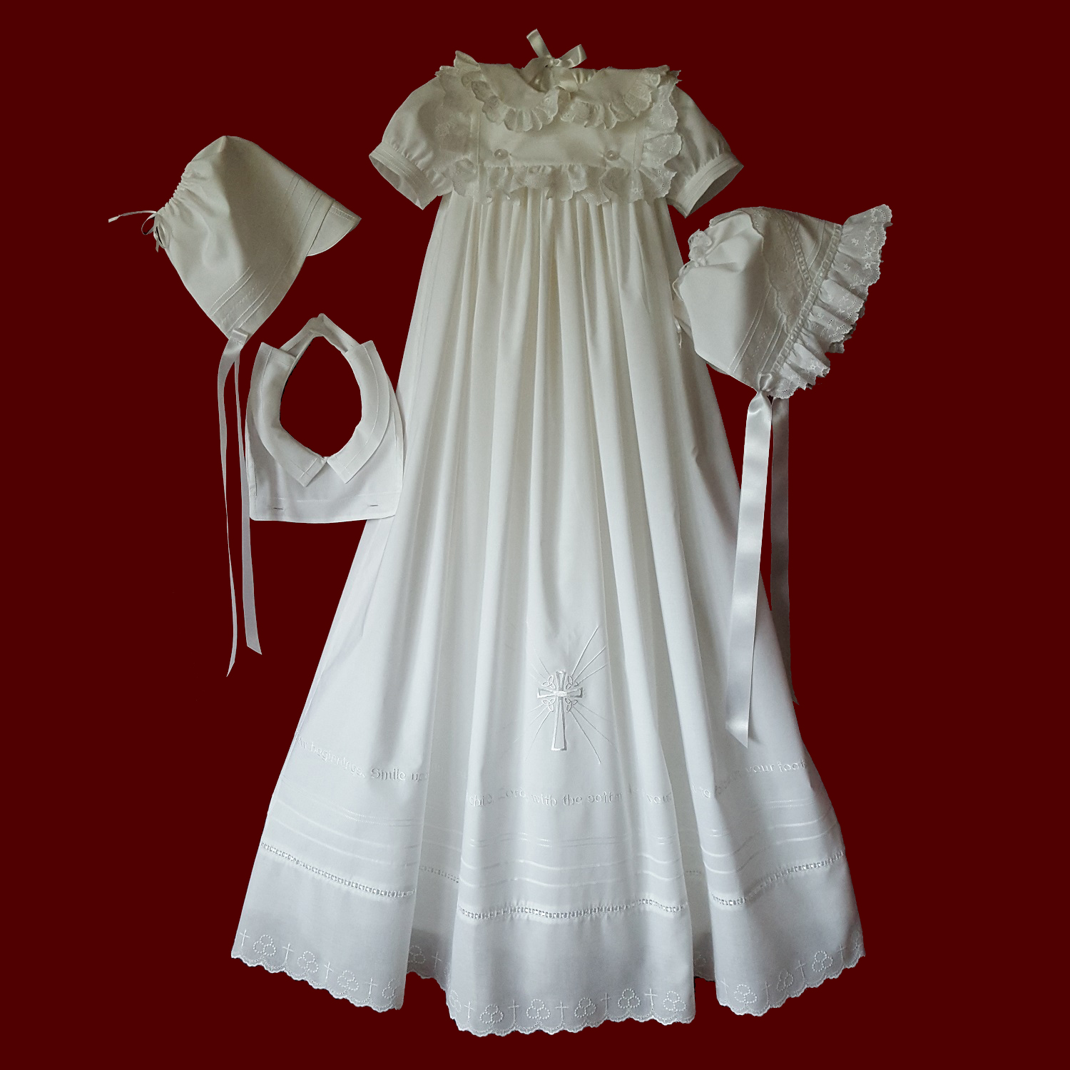 Gaelic Christening Blessing Embroidered Prayer Christening Gown, Boy & Girl Detachable Bibs & Hats