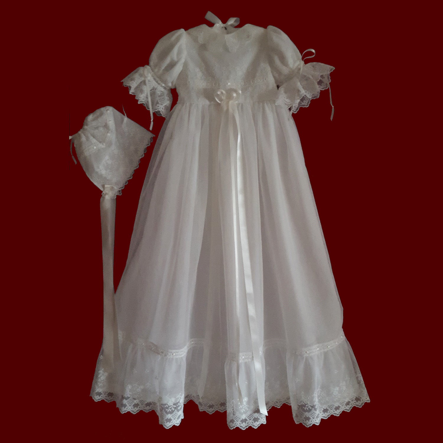Embroidered English Netting Lace Christening Gown, Slip & Bonnet