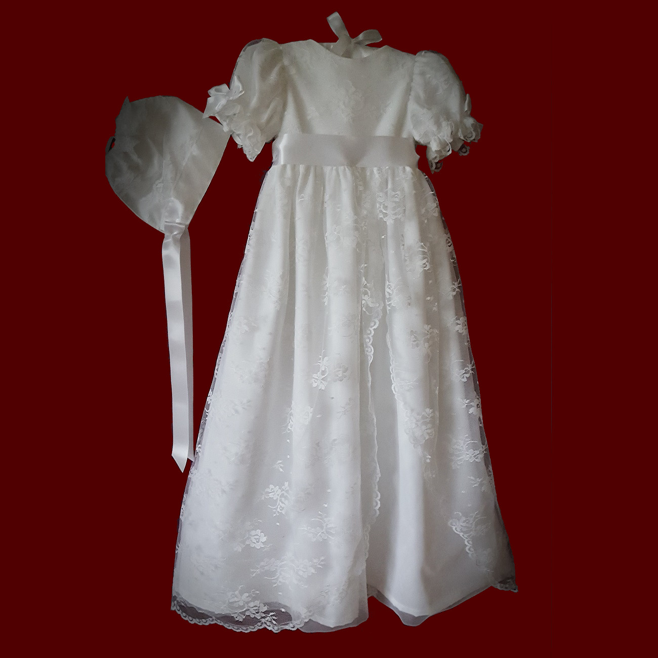 Chantilly Lace Girls Christening Gown, Personalized Slip & Bonnet