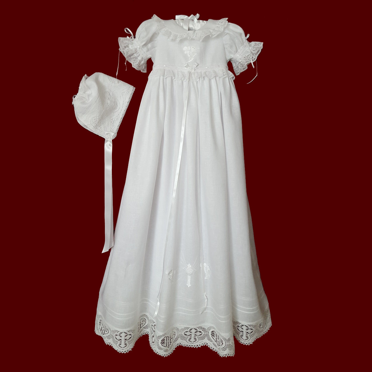 Thistle & IHS Cross Irish Linen Christening Gown, Personalized Slip & Bonnet