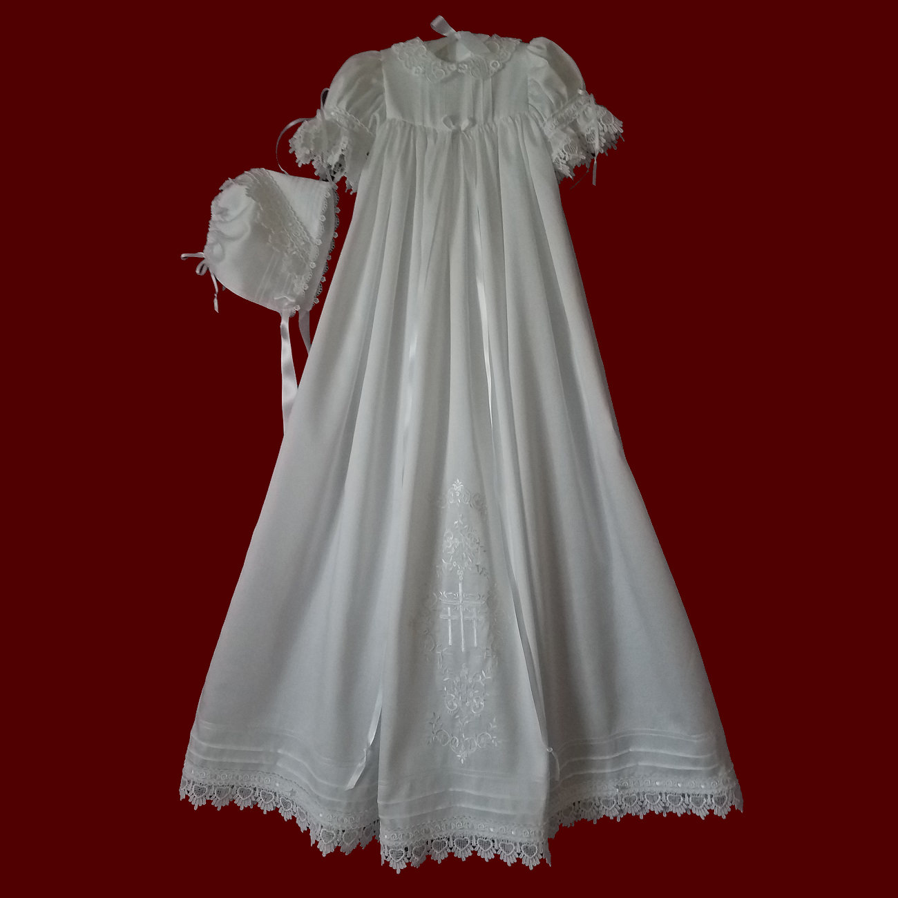 Satin Batiste Girls Christening Gown With Heart Venice Lace, Slip & Bonnet