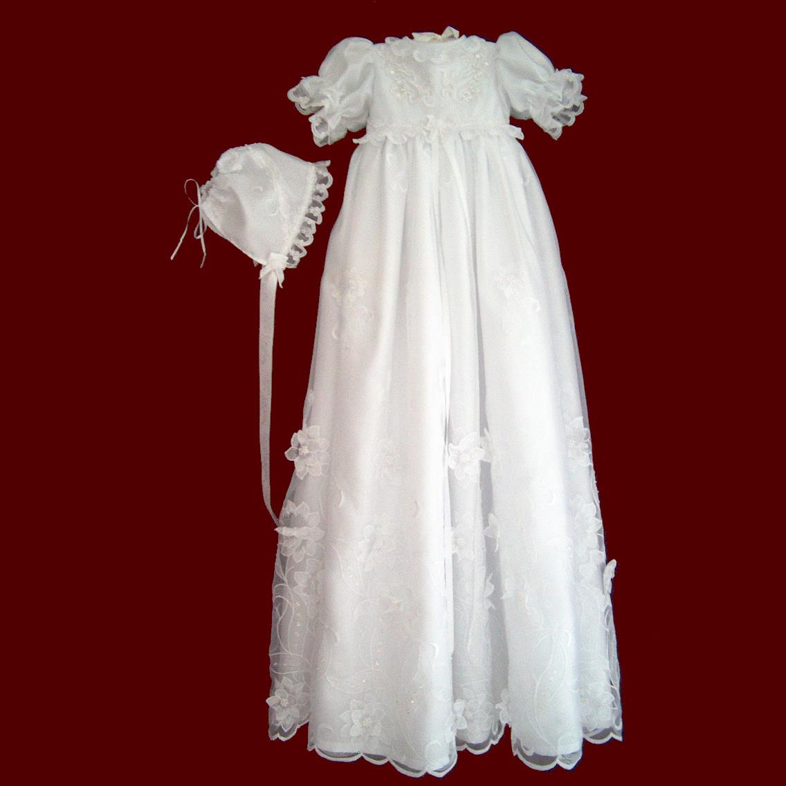 Beaded Organza With Flowers Christening Gown, Slip & Bonnet
