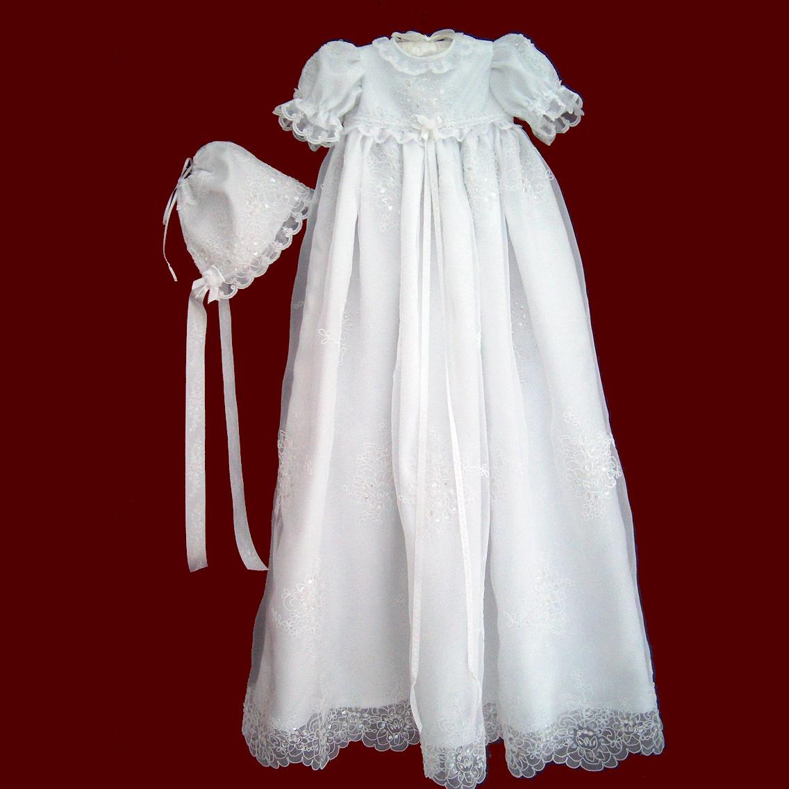 Sequin & Beaded Organza Christening Gown & Bonnet