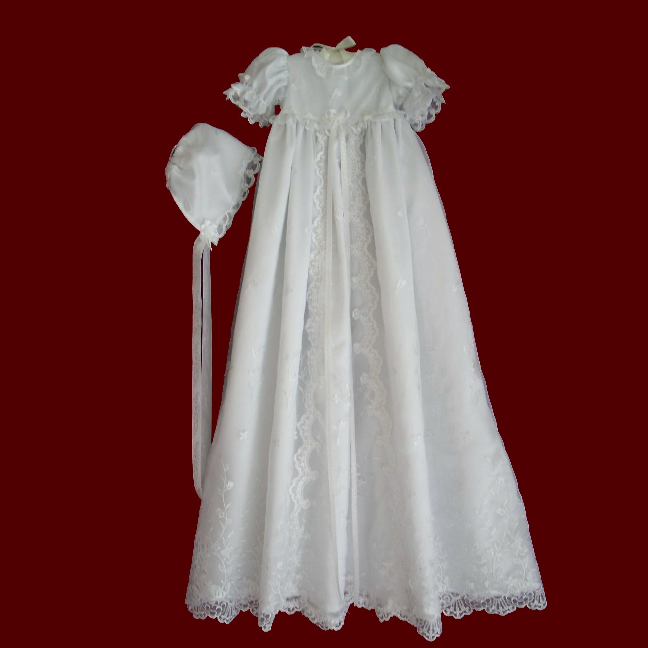 Embroidered Organza With Hearts Christening Gown, Slip & Bonnet