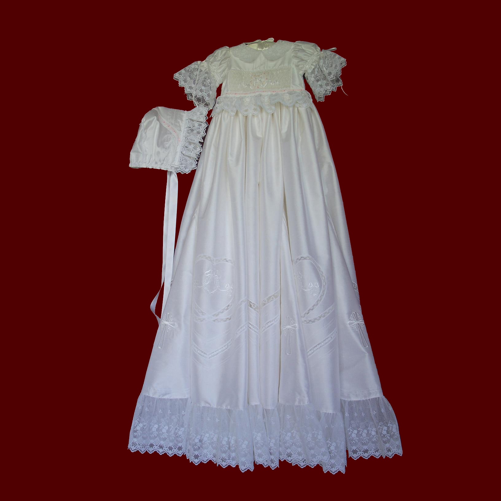 English Netting Lace & Silk Designer Gown & Bonnet