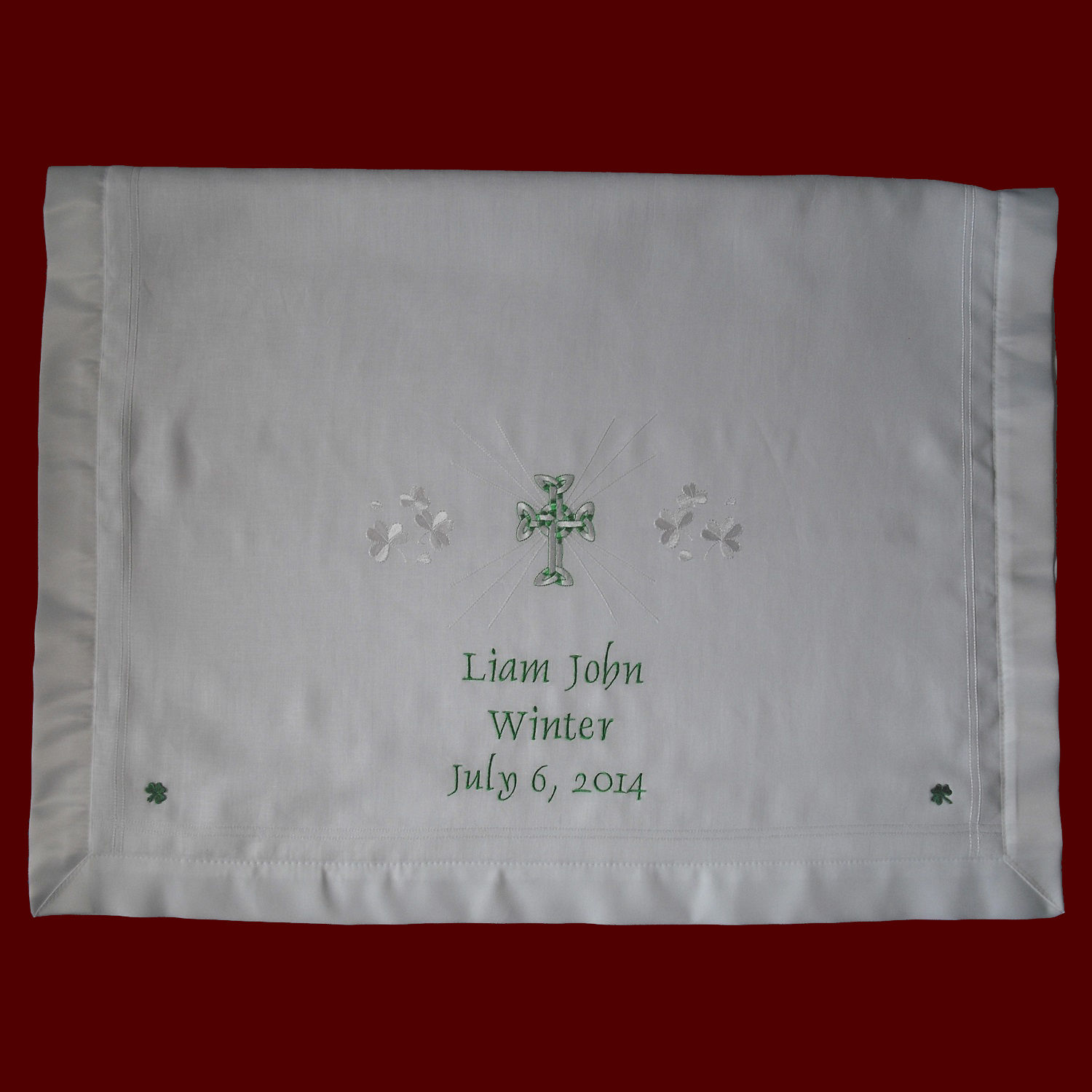 Embroidered Cross & Shamrocks Christening Blanket