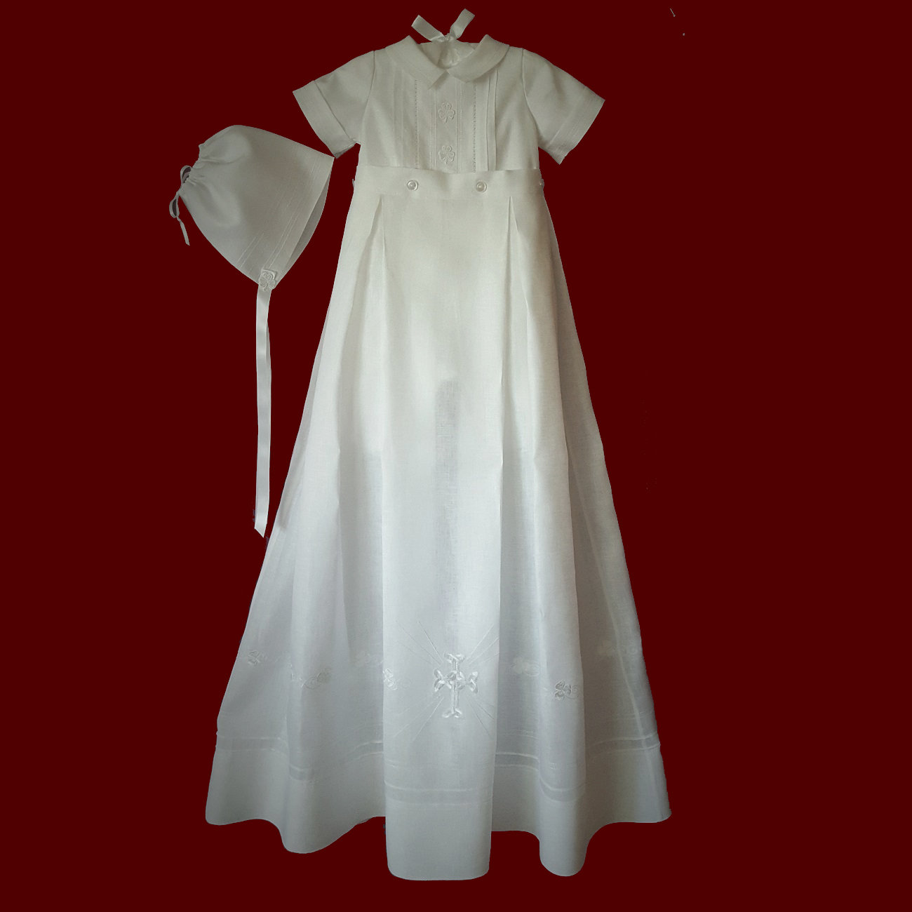 Irish Linen Romper With Detachable Gown With Swirled Shamrock Border & Celtic Cross & Hat