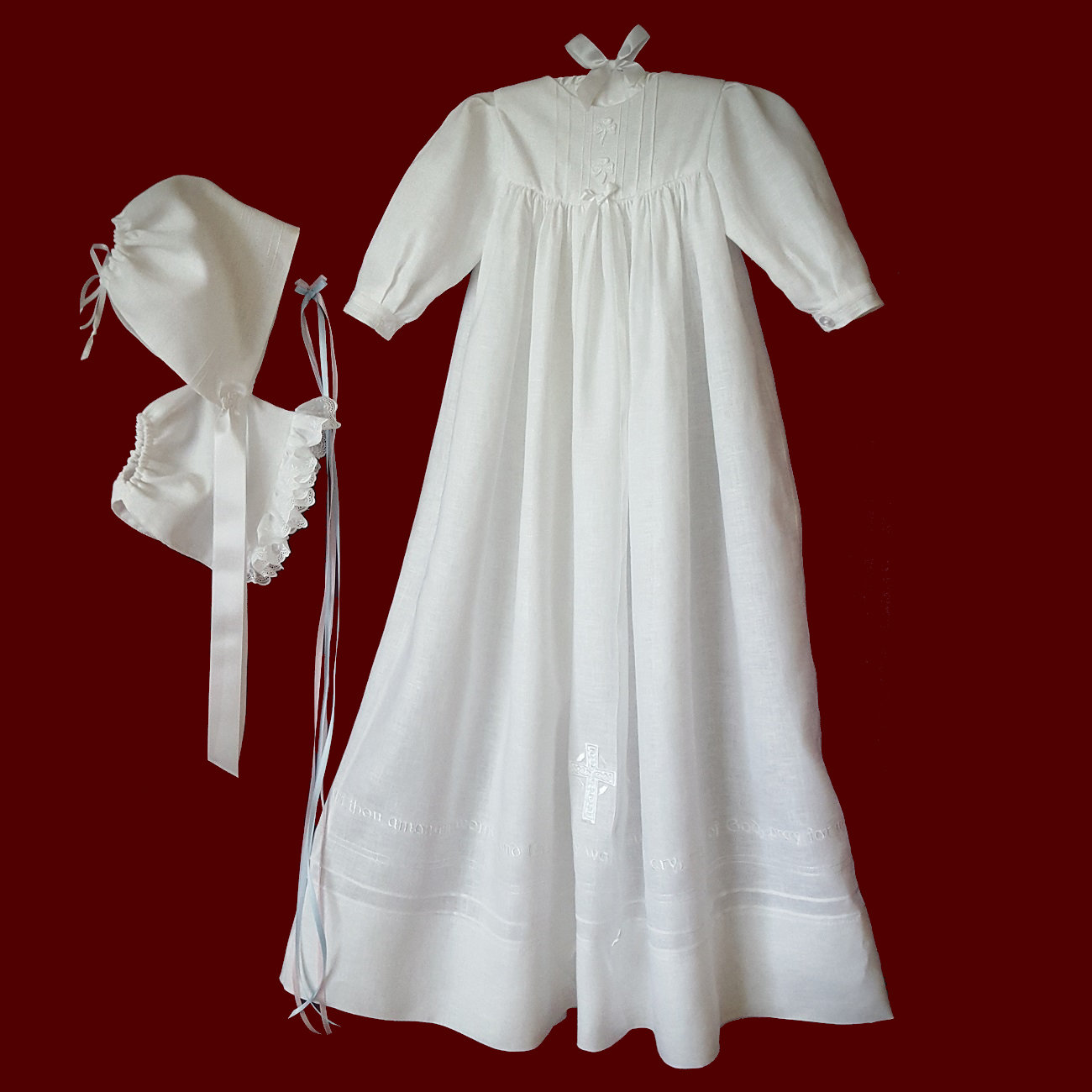Irish Linen Hail Mary Prayer Unisex Christening Gown, Personalized Slip & Bonnet With Girl Liner