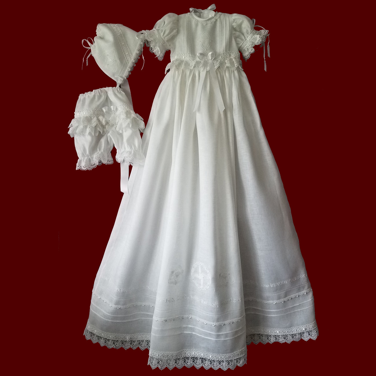 St. Brigid & Gaelic Christening Blessing Irish Linen Detachable Gown, Short Dress, Panties & Bonnet