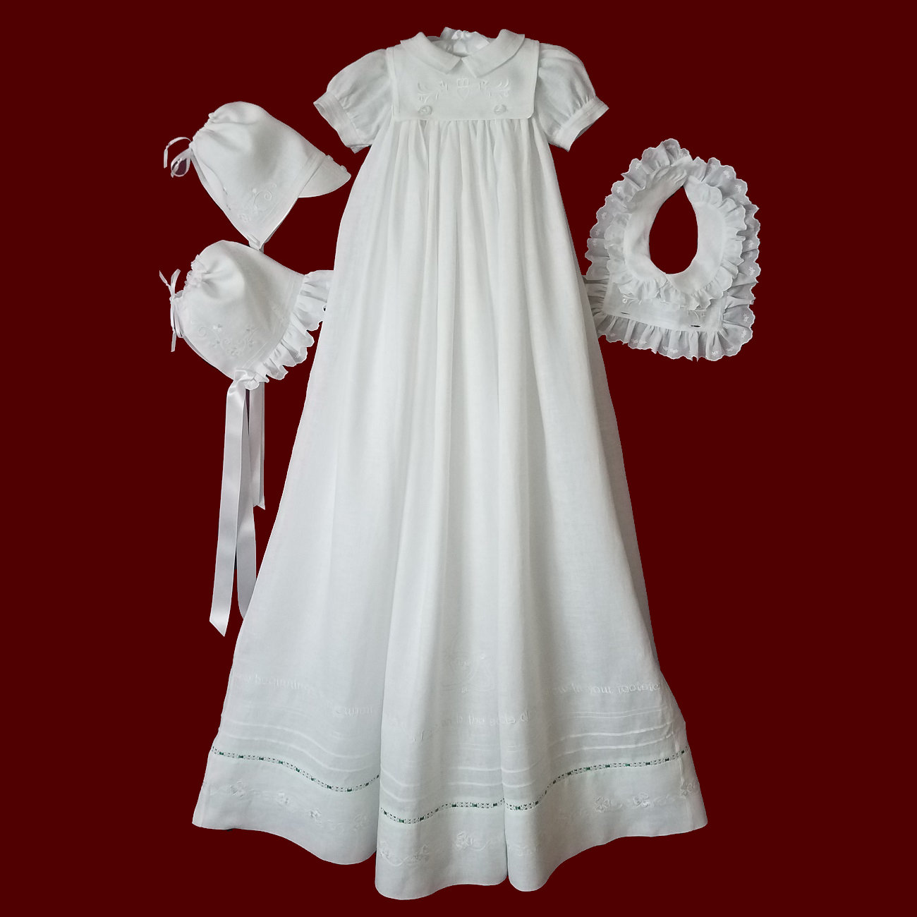 Gaelic Christening Blessing & Shamrock Swirl Gown, Boy & Girl Bibs & Bonnets & Personalized Slip