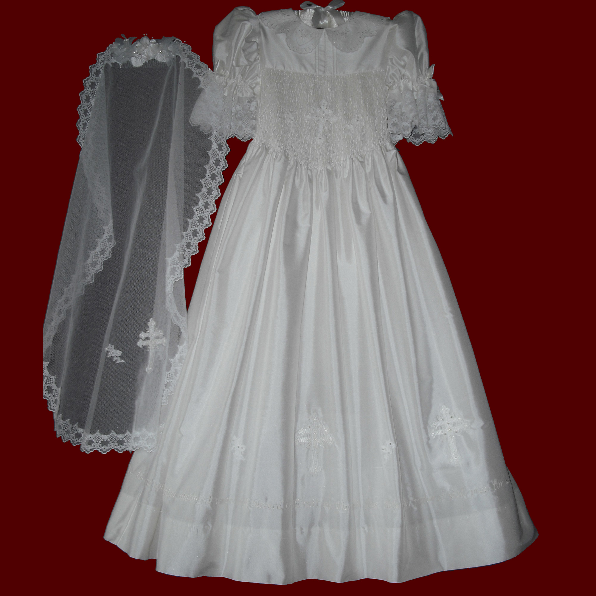 Hand Smocked Communion Dress With Embroidered Hail Mary Prayer & Crosses