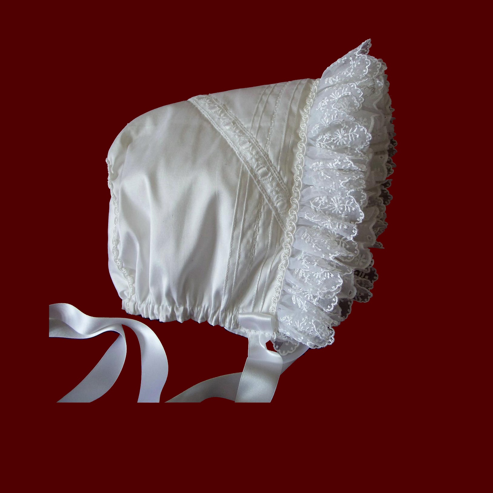 Silk Girls Bonnet With Embroidered Organza Ruffle