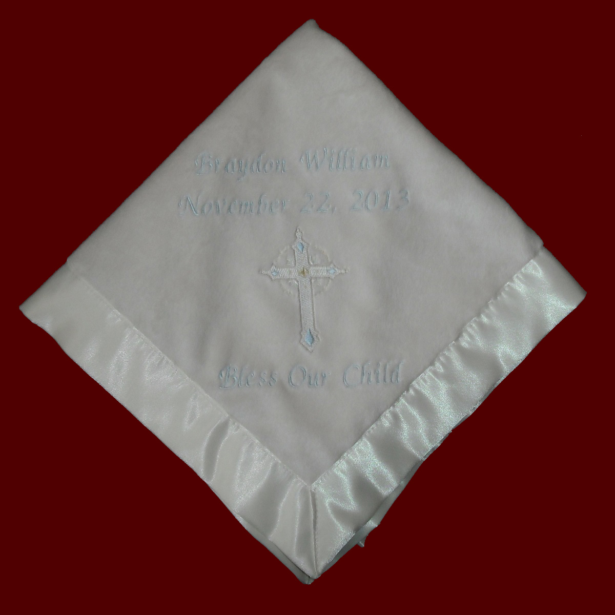 Corner Embroidered Cross With Saying Christening Blanket