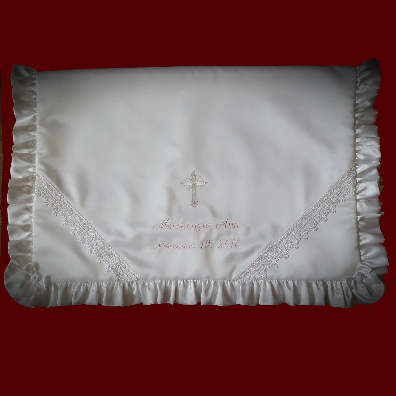 Girls Embroidered Cross & Lace Christening Blanket