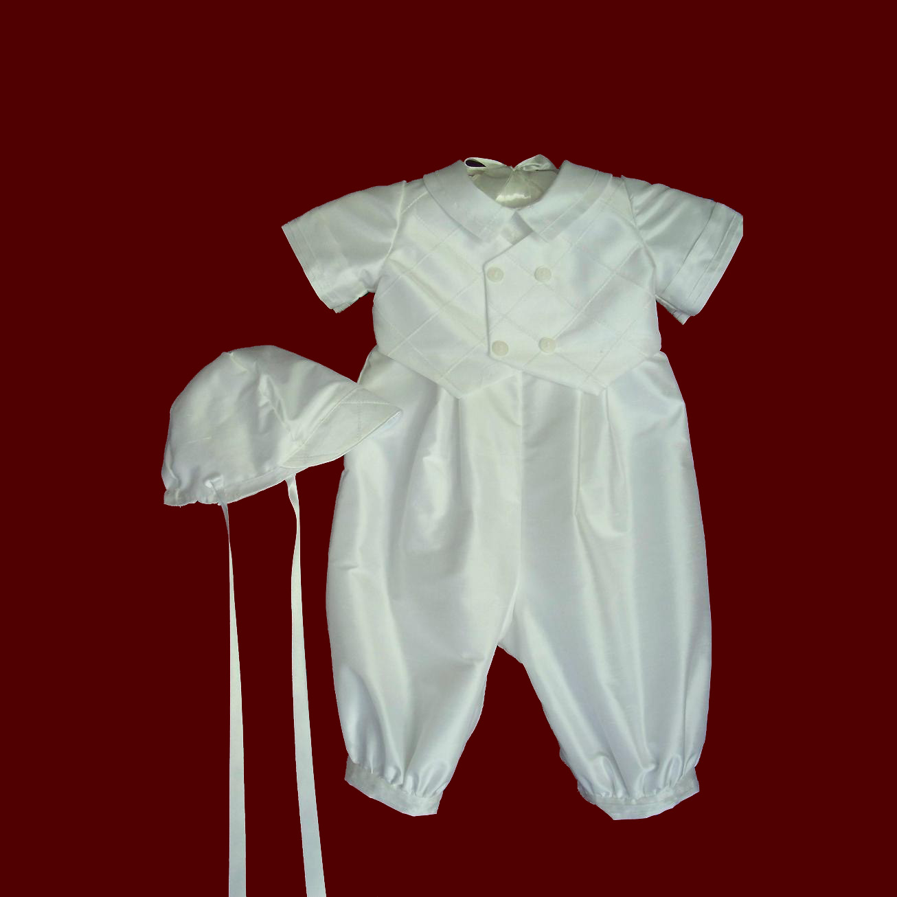 Silk Boys Romper with Pintucked Vest & Hat