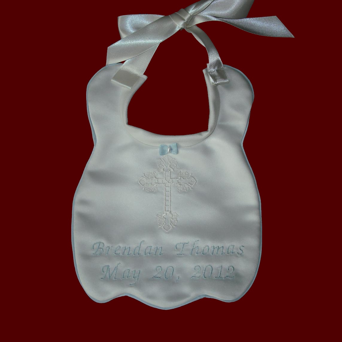 Ivory Satin Bib, Personalized Eclectic Cross