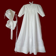 Click to Enlarge Picture - Irish Linen Hail Mary Prayer Unisex Christening Gown, Personalized Slip & Bonnet With Girl Liner