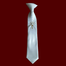 Click to Enlarge Picture - White Satin With Gold Chalice & Eucharist Boys Clip on Communion Tie